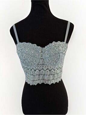 Windsor Baby Blue Rhinestone Lace Bustier Crop Top NWT M
